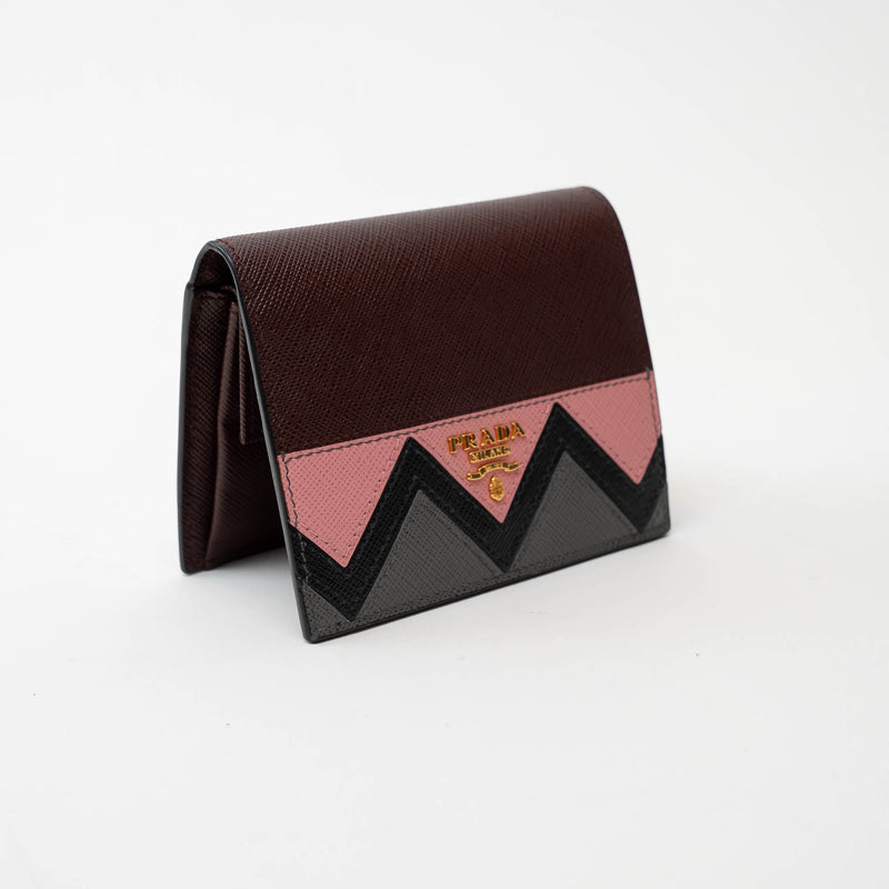 Prada Burgundy Saffiano Leather with Pink/Black/Grey Zig Zag Bifold Wallet