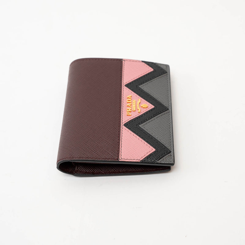 Prada Burgundy Saffiano Leather with Pink/Black/Grey Zig Zag Bifold Wallet