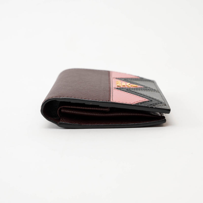 Prada Burgundy Saffiano Leather with Pink/Black/Grey Zig Zag Bifold Wallet