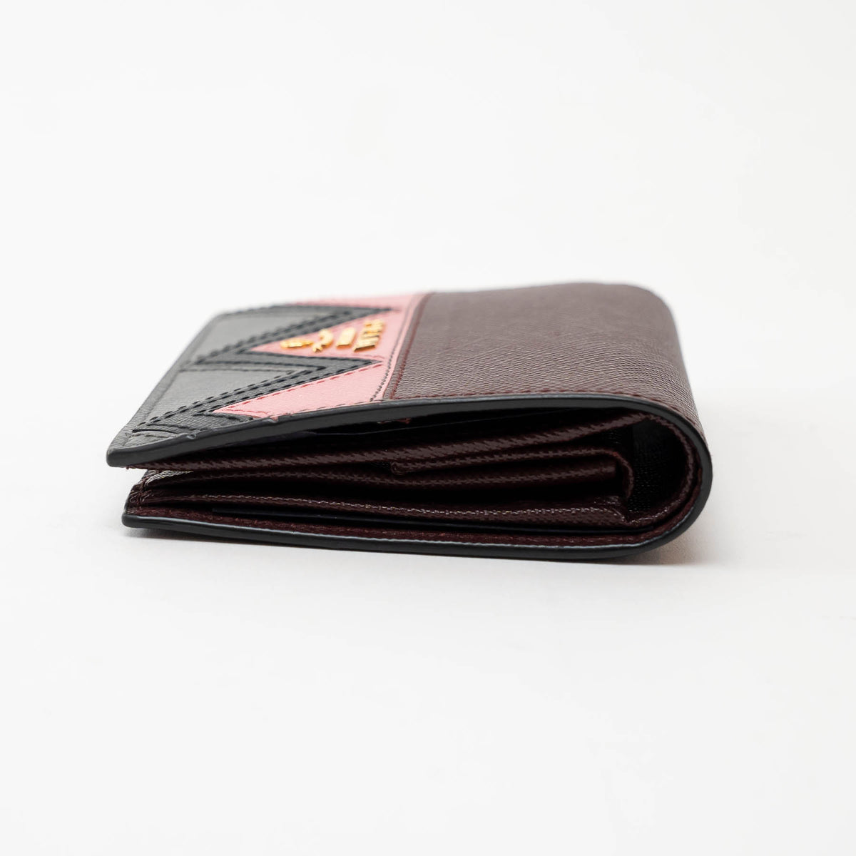 Prada Burgundy Saffiano Leather with Pink/Black/Grey Zig Zag Bifold Wallet