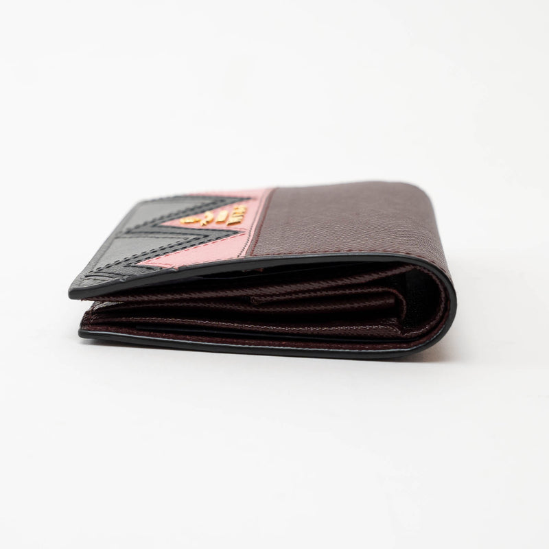 Prada Burgundy Saffiano Leather with Pink/Black/Grey Zig Zag Bifold Wallet