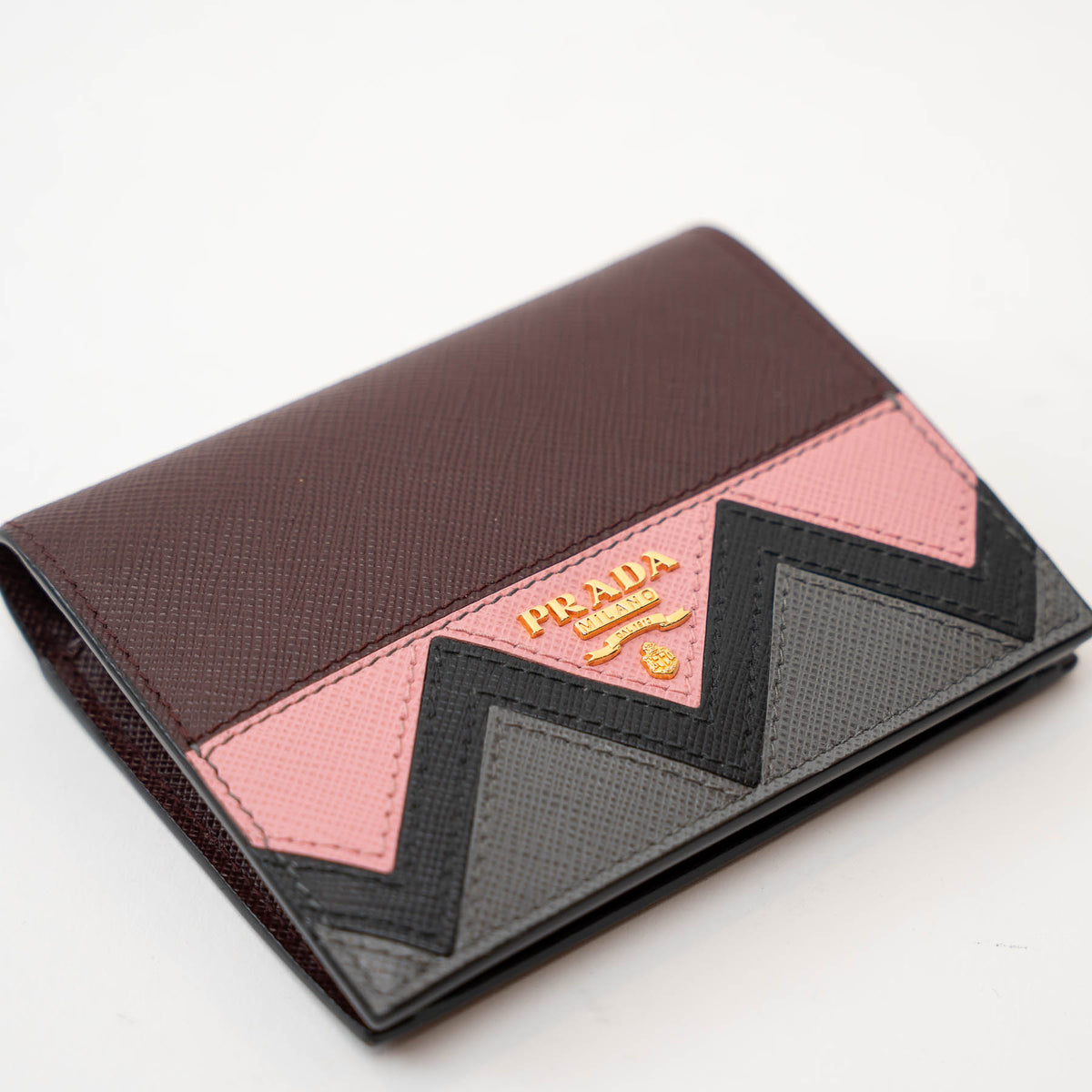 Prada Burgundy Saffiano Leather with Pink/Black/Grey Zig Zag Bifold Wallet