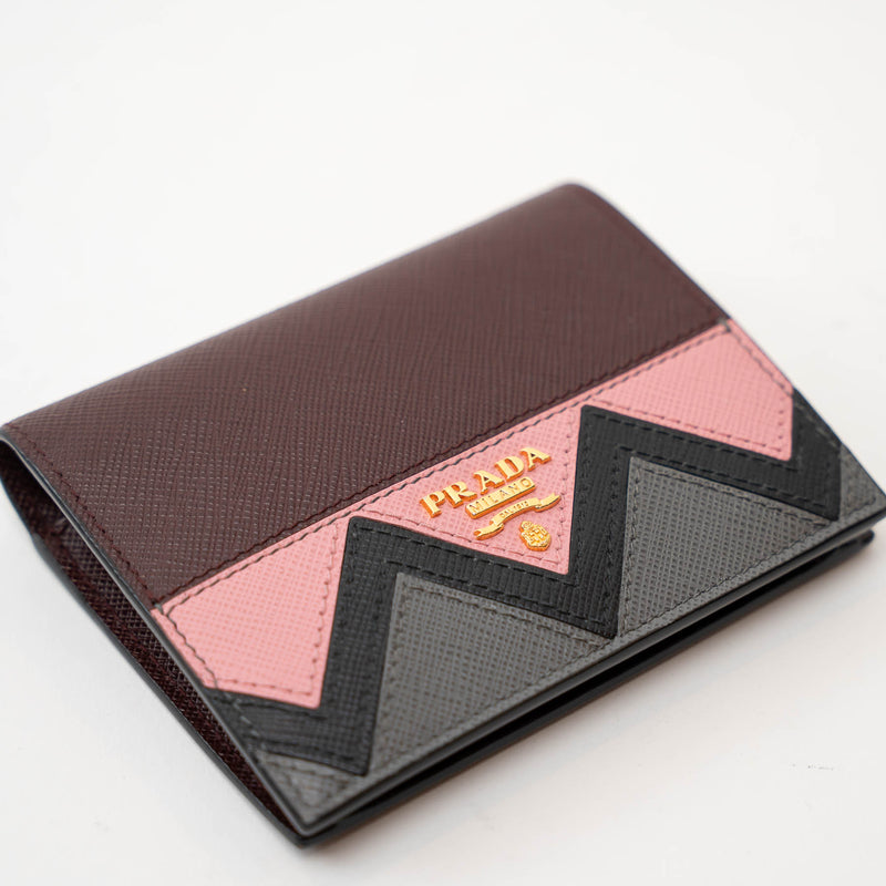 Prada Burgundy Saffiano Leather with Pink/Black/Grey Zig Zag Bifold Wallet