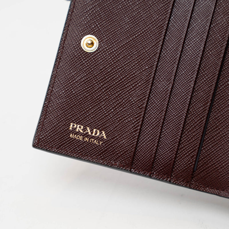 Prada Burgundy Saffiano Leather with Pink/Black/Grey Zig Zag Bifold Wallet