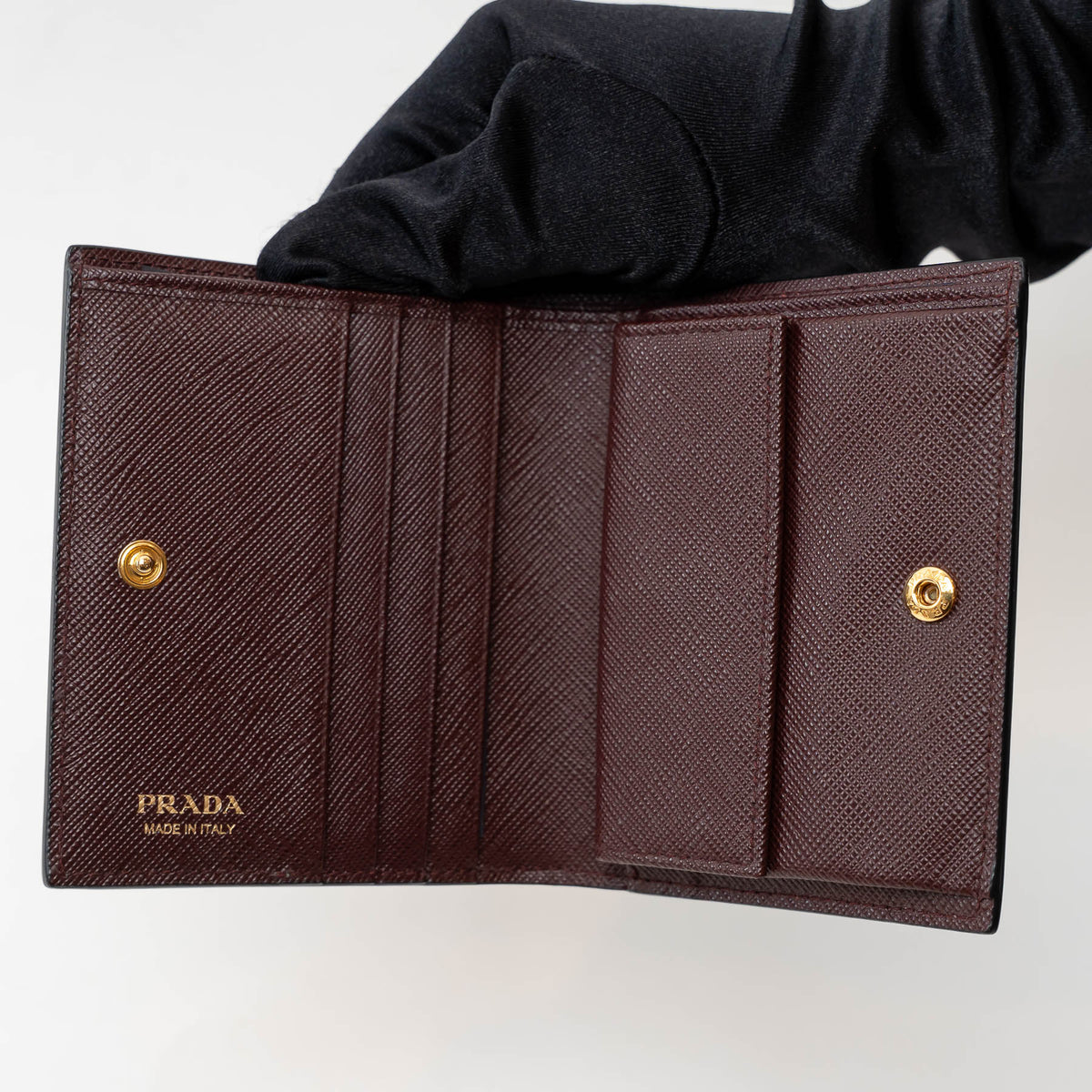 Prada Burgundy Saffiano Leather with Pink/Black/Grey Zig Zag Bifold Wallet