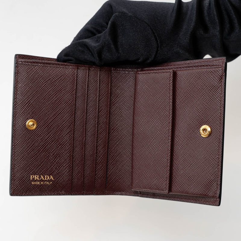 Prada Burgundy Saffiano Leather with Pink/Black/Grey Zig Zag Bifold Wallet