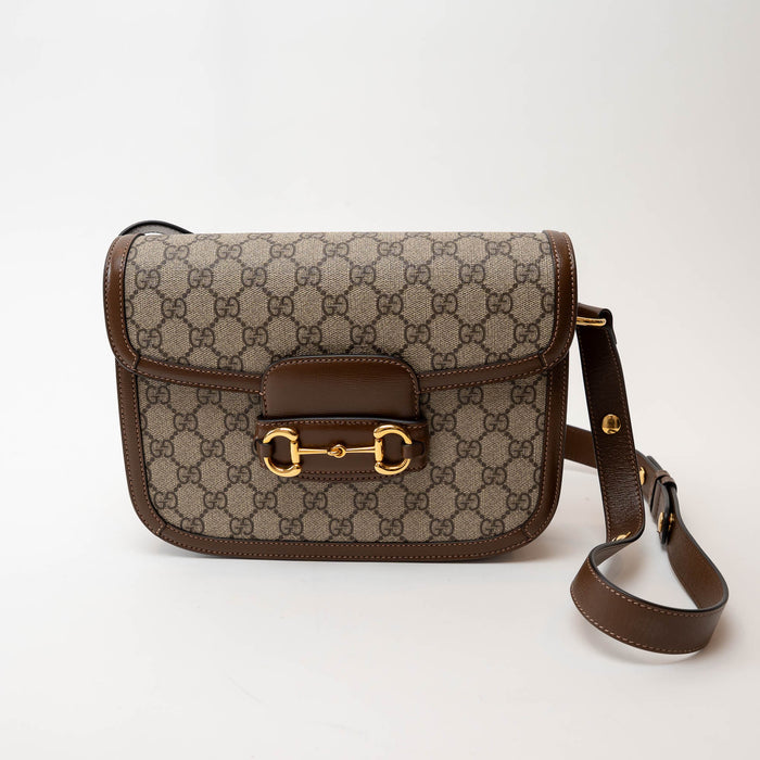 Gucci GG Supreme Canvas 1955 Gold Horsebit with Brown Leather Trim Large Shoulder Bag