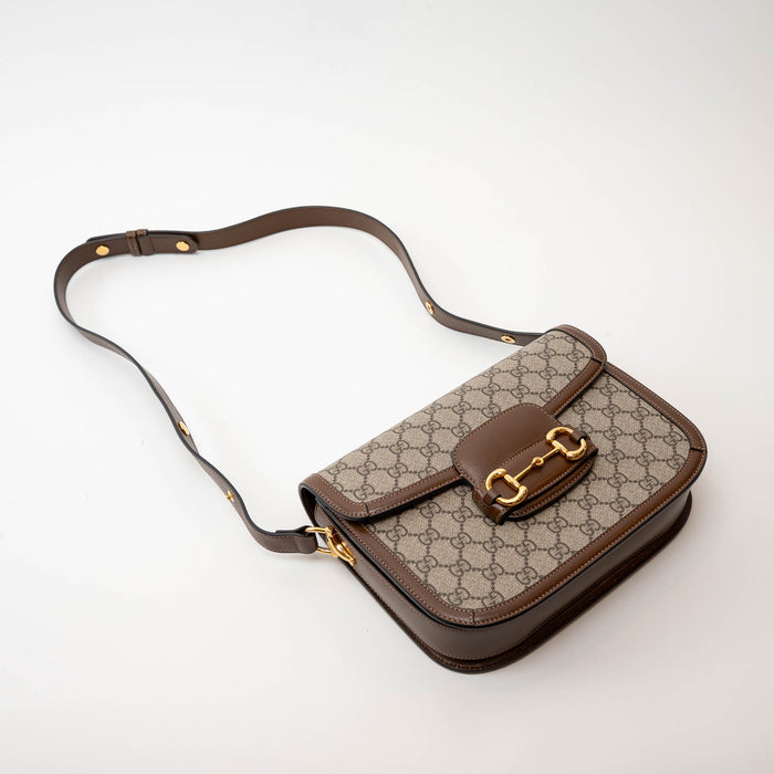 Gucci GG Supreme Canvas 1955 Gold Horsebit with Brown Leather Trim Large Shoulder Bag