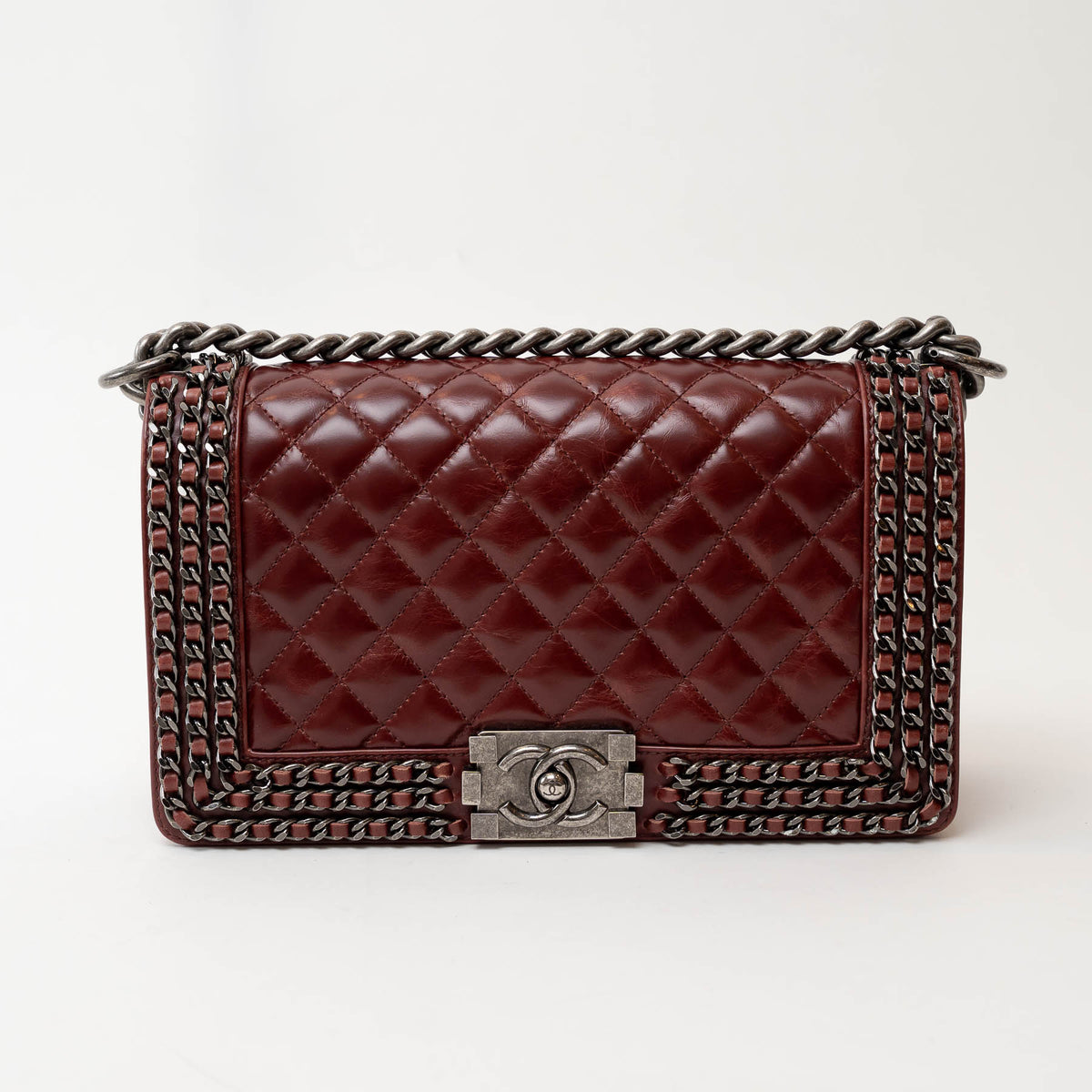 Pre-Loved Chanel™ Burgundy Quilted Grained Leather with Interlaced Chain and Leather Trim Flap Bag