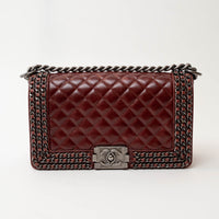 Pre-Loved Chanel™ Burgundy Quilted Grained Leather with Interlaced Chain and Leather Trim Flap Bag