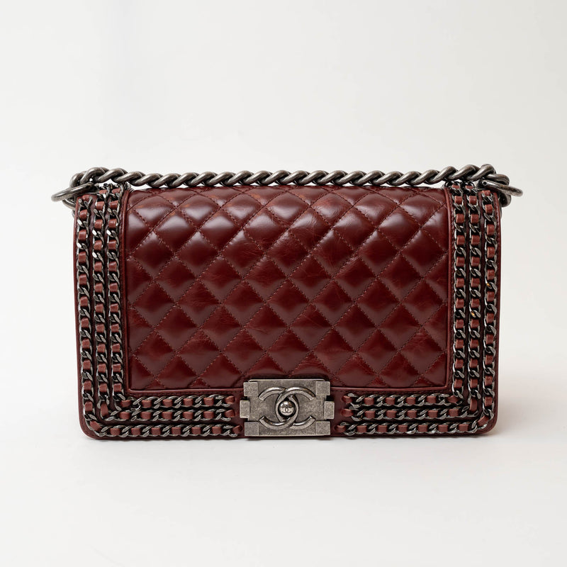 Pre-Loved Chanel™ Burgundy Quilted Grained Leather with Interlaced Chain and Leather Trim Flap Bag