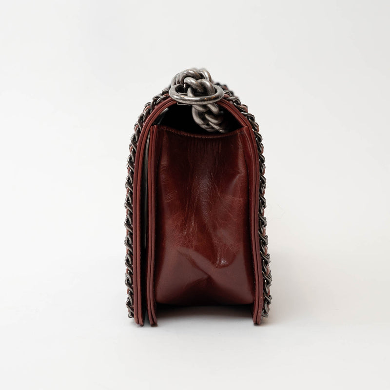 Pre-Loved Chanel™ Burgundy Quilted Grained Leather with Interlaced Chain and Leather Trim Flap Bag