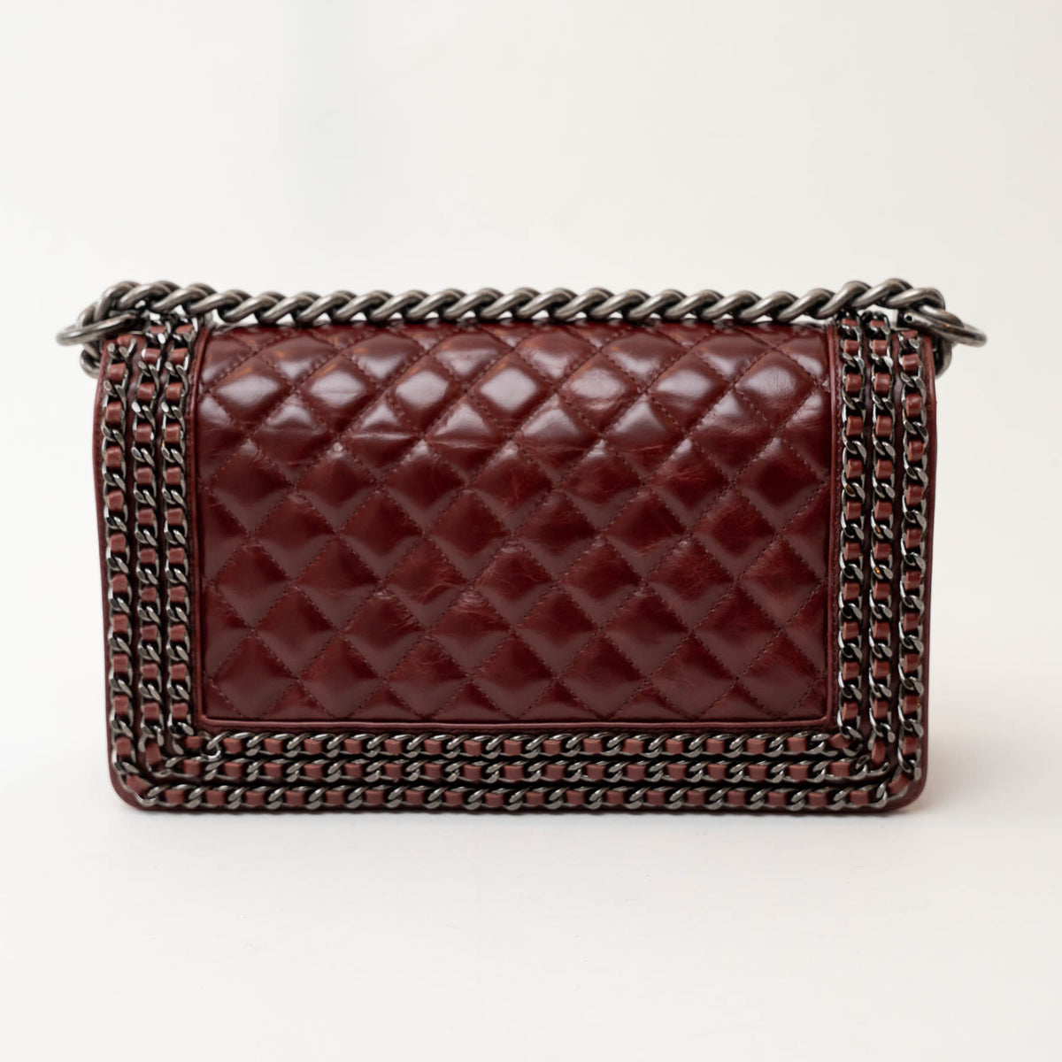 Pre-Loved Chanel™ Burgundy Quilted Grained Leather with Interlaced Chain and Leather Trim Flap Bag