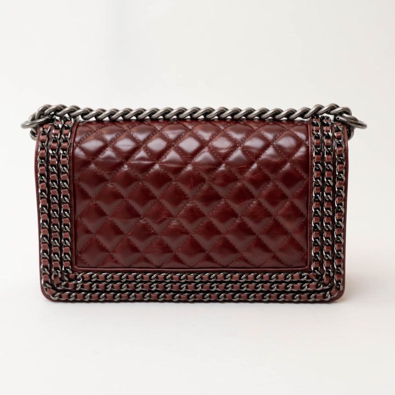 Pre-Loved Chanel™ Burgundy Quilted Grained Leather with Interlaced Chain and Leather Trim Flap Bag