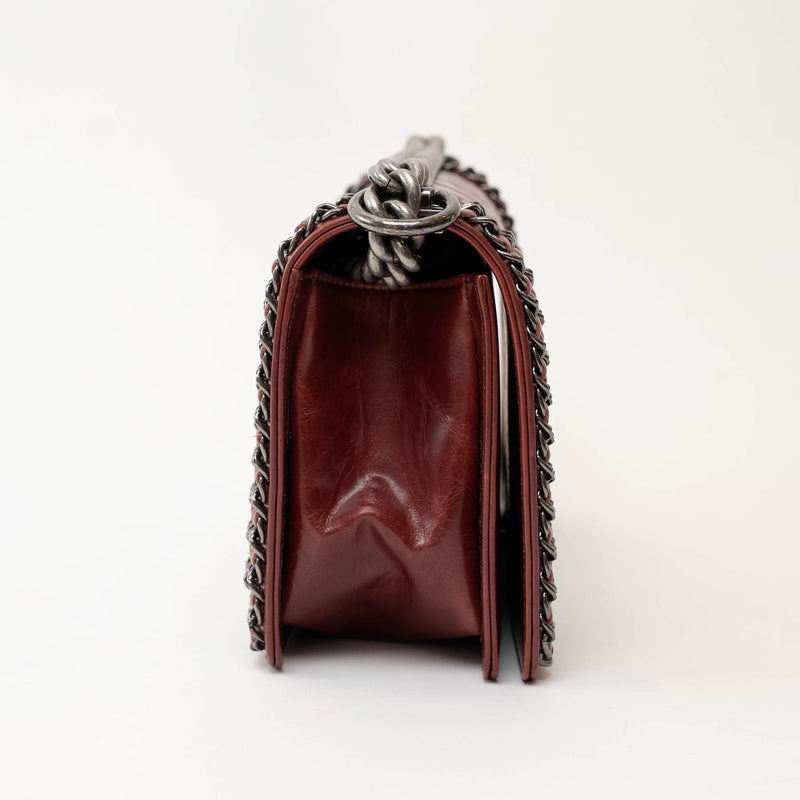 Pre-Loved Chanel™ Burgundy Quilted Grained Leather with Interlaced Chain and Leather Trim Flap Bag