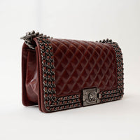 Pre-Loved Chanel™ Burgundy Quilted Grained Leather with Interlaced Chain and Leather Trim Flap Bag