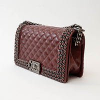 Pre-Loved Chanel™ Burgundy Quilted Grained Leather with Interlaced Chain and Leather Trim Flap Bag