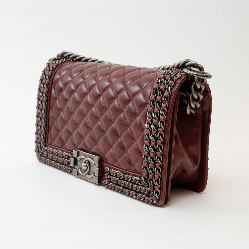 Pre-Loved Chanel™ Burgundy Quilted Grained Leather with Interlaced Chain and Leather Trim Flap Bag