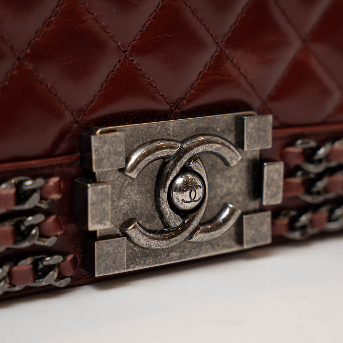 Pre-Loved Chanel™ Burgundy Quilted Grained Leather with Interlaced Chain and Leather Trim Flap Bag