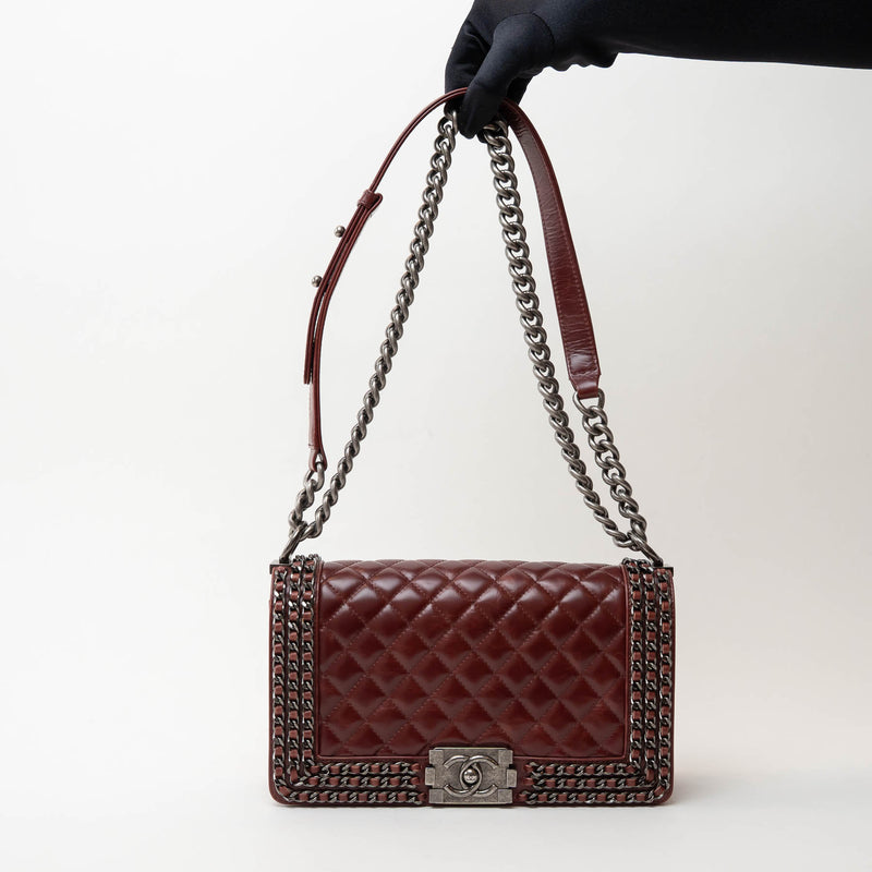 Pre-Loved Chanel™ Burgundy Quilted Grained Leather with Interlaced Chain and Leather Trim Flap Bag
