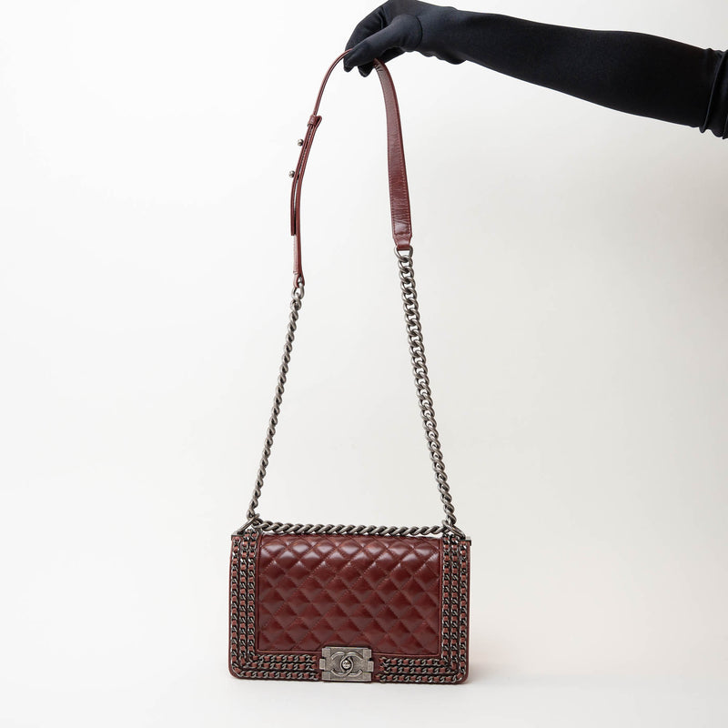 Pre-Loved Chanel™ Burgundy Quilted Grained Leather with Interlaced Chain and Leather Trim Flap Bag