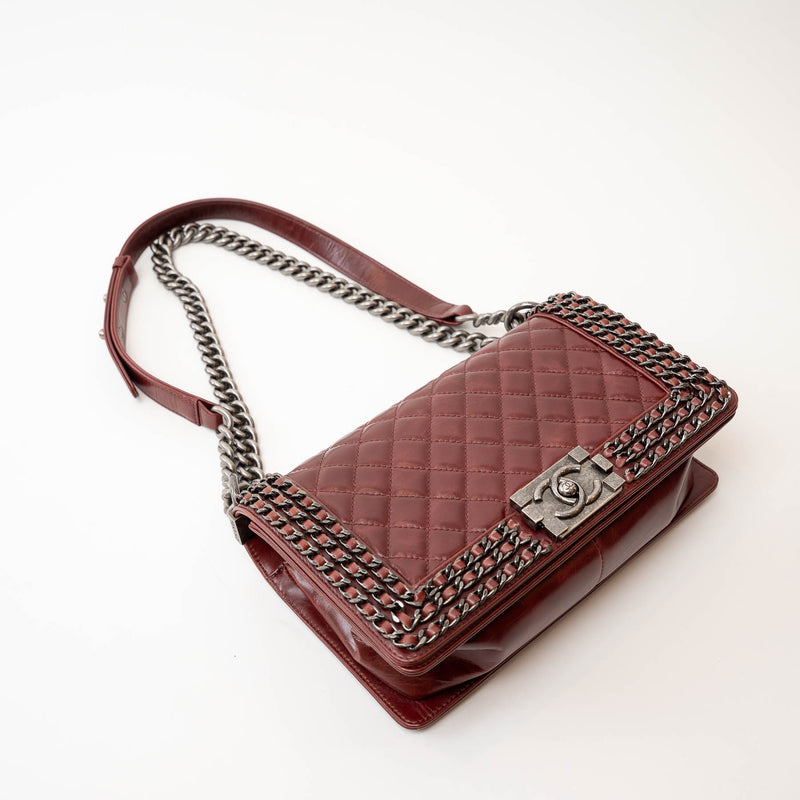 Pre-Loved Chanel™ Burgundy Quilted Grained Leather with Interlaced Chain and Leather Trim Flap Bag