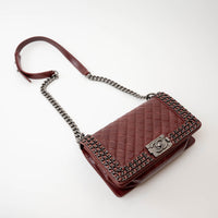 Pre-Loved Chanel™ Burgundy Quilted Grained Leather with Interlaced Chain and Leather Trim Flap Bag