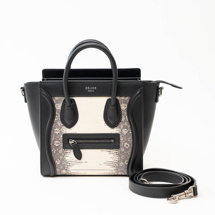 Celine Black Calfskin Leather Lizard Skin Nano Handbag