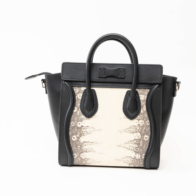 Celine Black Calfskin Leather Lizard Skin Nano Handbag