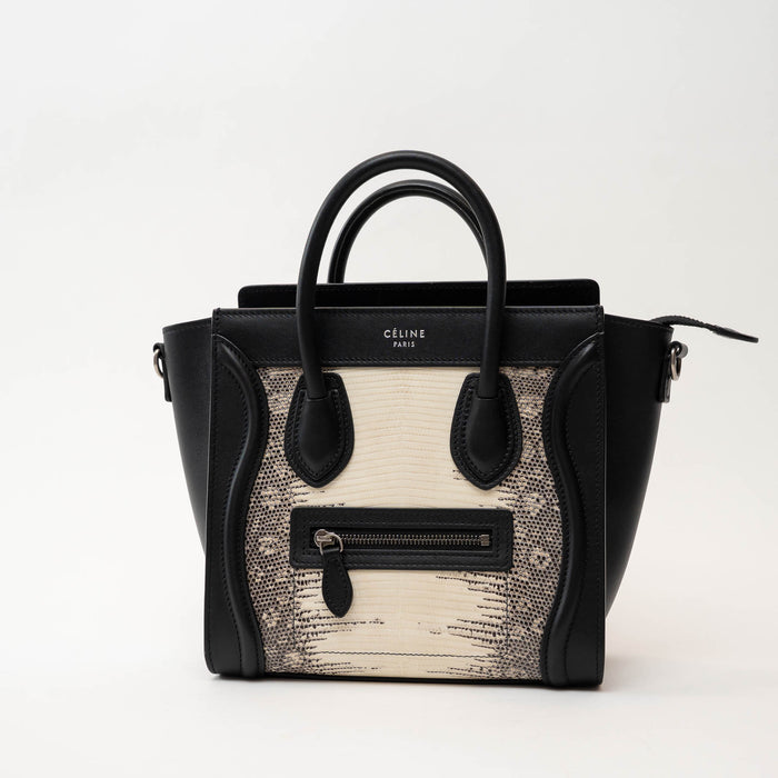 Celine Black Calfskin Leather Lizard Skin Nano Handbag