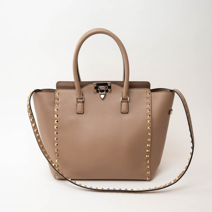 Valentino Tan Leather Gold Rockstud Tote Bag