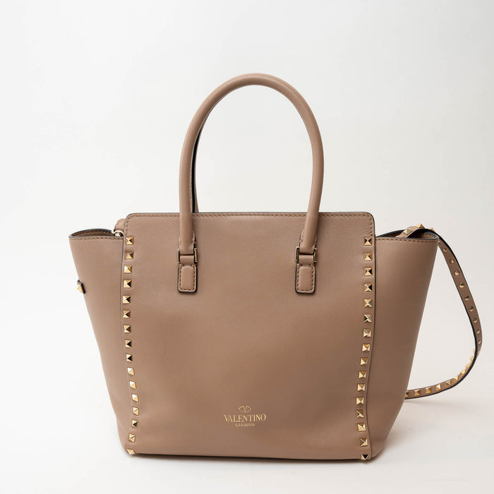 Valentino Tan Leather Gold Rockstud Tote Bag