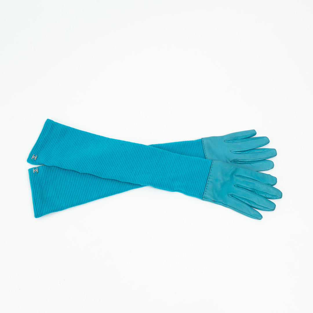 Pre-Loved Chanel ™ Blue Wool and Leather Elbow Gloves Size 7.5