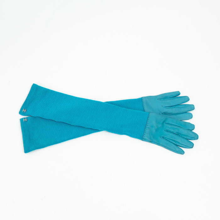 Pre-Loved Chanel ™ Blue Wool and Leather Elbow Gloves Size 7.5