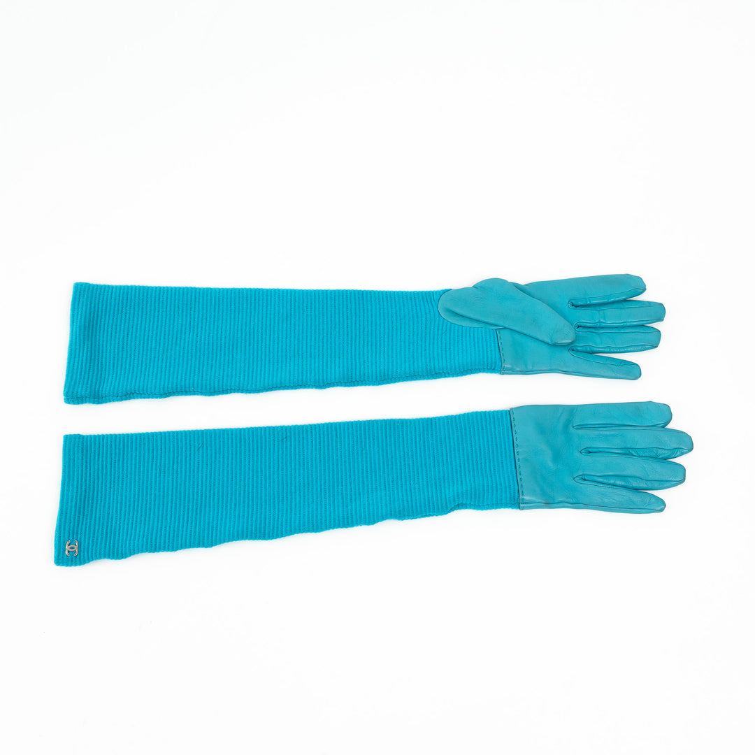 Pre-Loved Chanel ™ Blue Wool and Leather Elbow Gloves Size 7.5