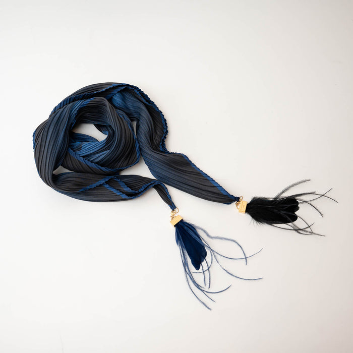 Louis Vuitton Blue and Black Silk Scarf with Feather Tassels