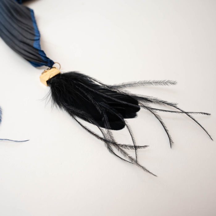 Louis Vuitton Blue and Black Silk Scarf with Feather Tassels
