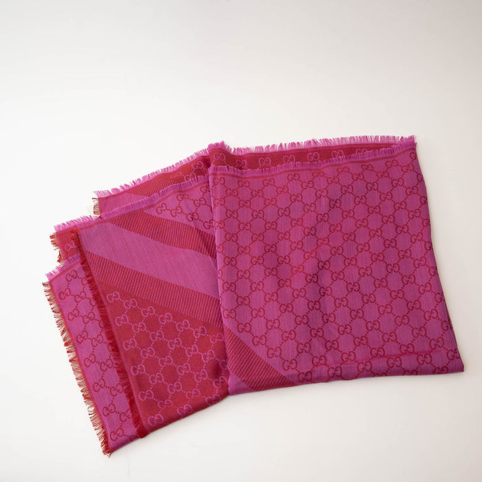 Gucci Red and Fuschia Wool and Silk Monogram Scarf