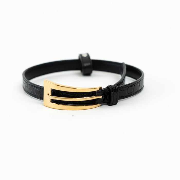 Saint Laurent Black Embossed Leather Gold Buckle Bracelet