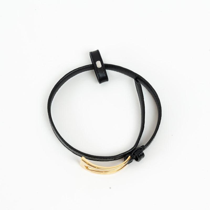 Saint Laurent Black Embossed Leather Gold Buckle Bracelet