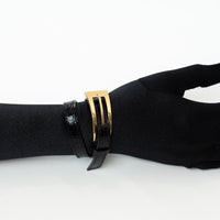Saint Laurent Black Embossed Leather Gold Buckle Bracelet