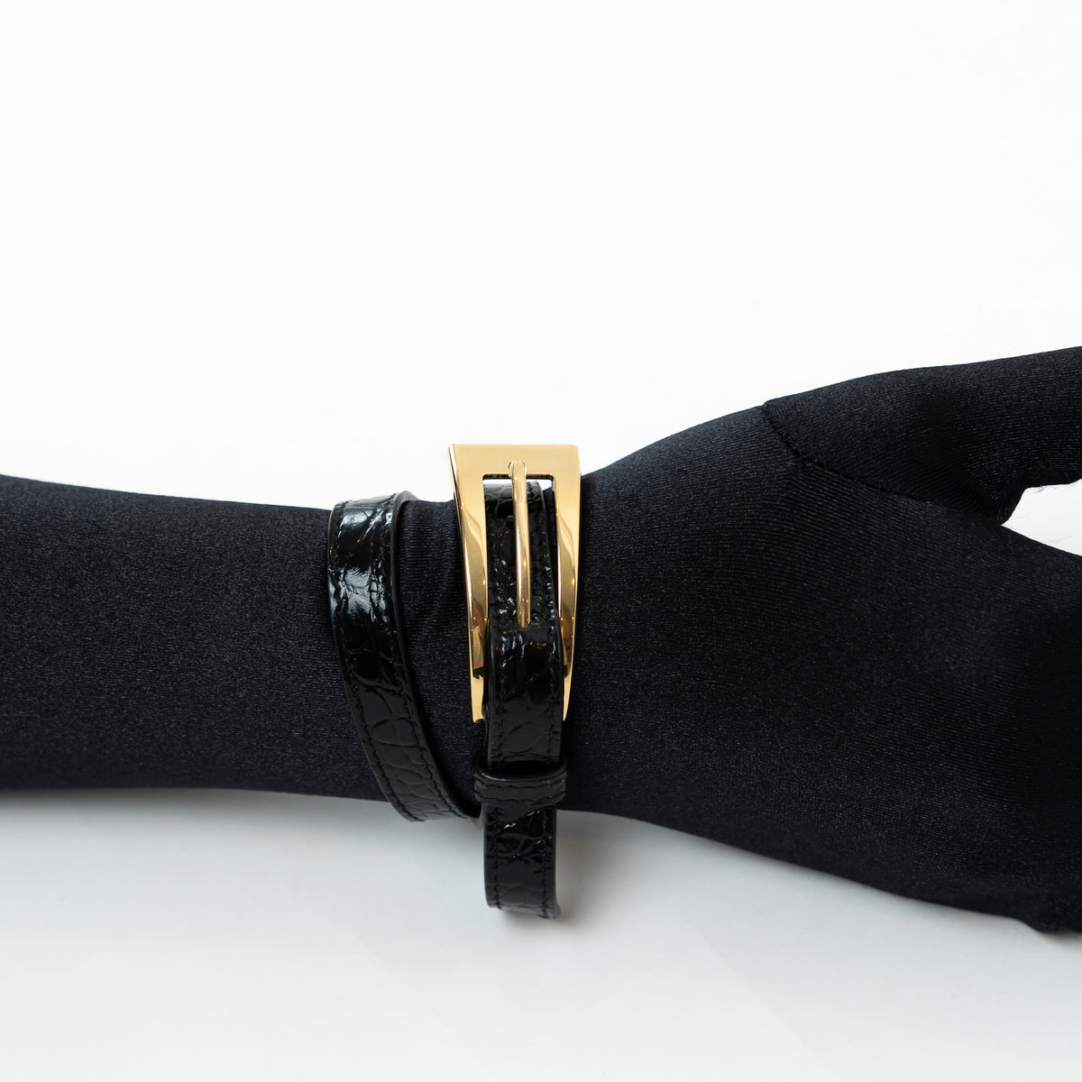 Saint Laurent Black Embossed Leather Gold Buckle Bracelet
