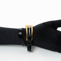 Saint Laurent Black Embossed Leather Gold Buckle Bracelet