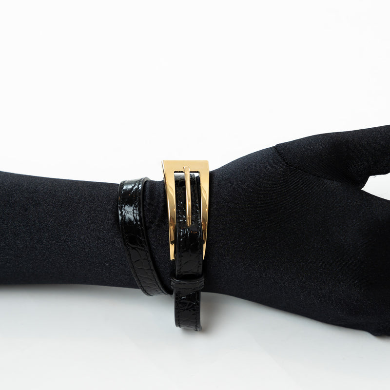 Saint Laurent Black Embossed Leather Gold Buckle Bracelet