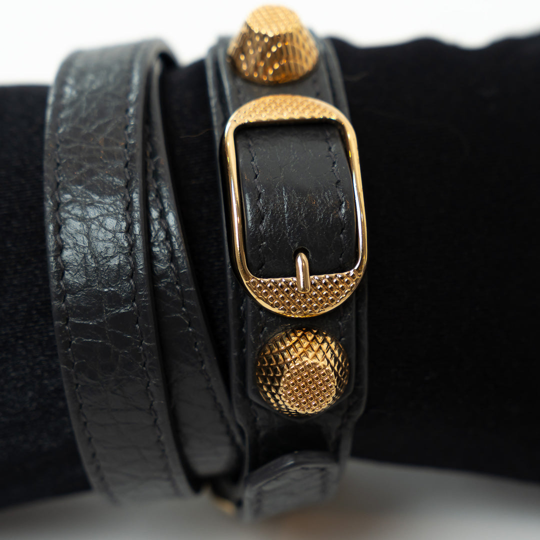 Balenciaga Grey Grained Leather Gold Buckle Bracelet Size L