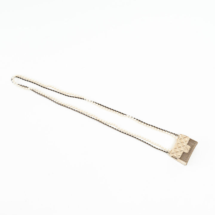 Pre-Loved Chanel™ Gold Tone Faux Pearl Flap Bag Necklace