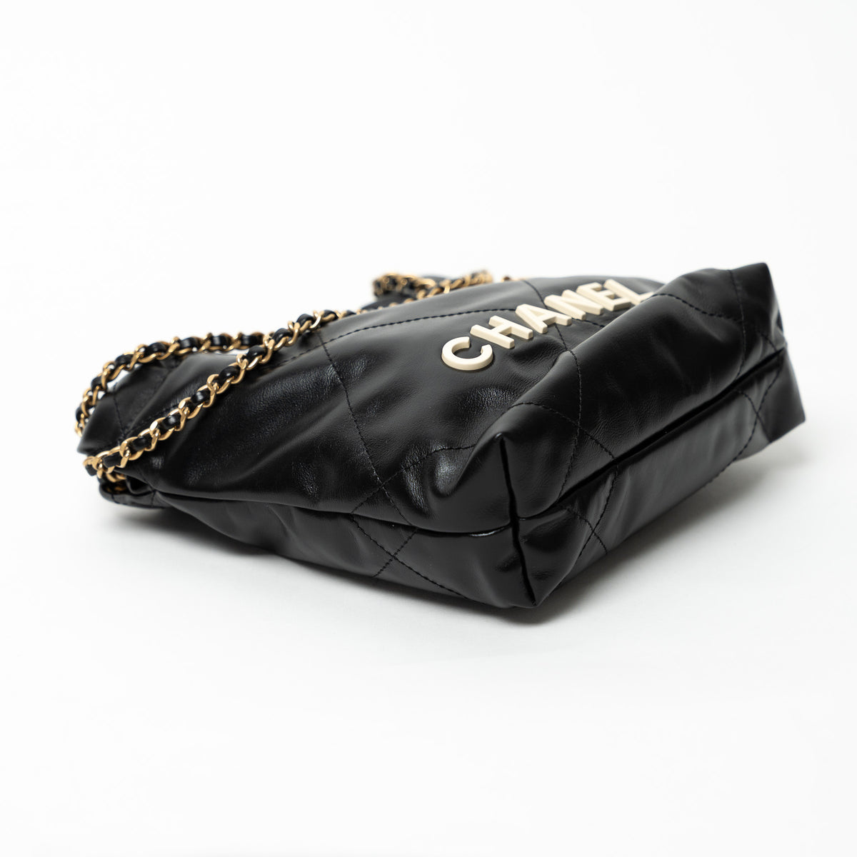 Pre-Loved Chanel™ Black Lambskin Leather Mini 22 Crossbody Bag with White Resin Logo