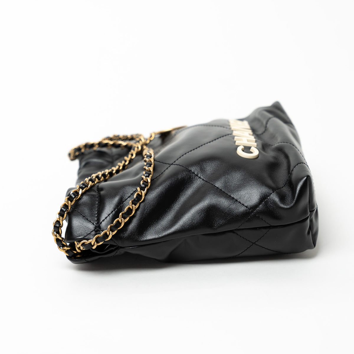 Pre-Loved Chanel™ Black Lambskin Leather Mini 22 Crossbody Bag with White Resin Logo
