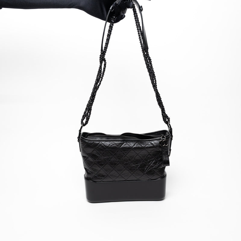 Pre-Loved Chanel™ Black Aged Calfskin Leather Medium Gabrielle Shoulder Bag with Black Hardware
