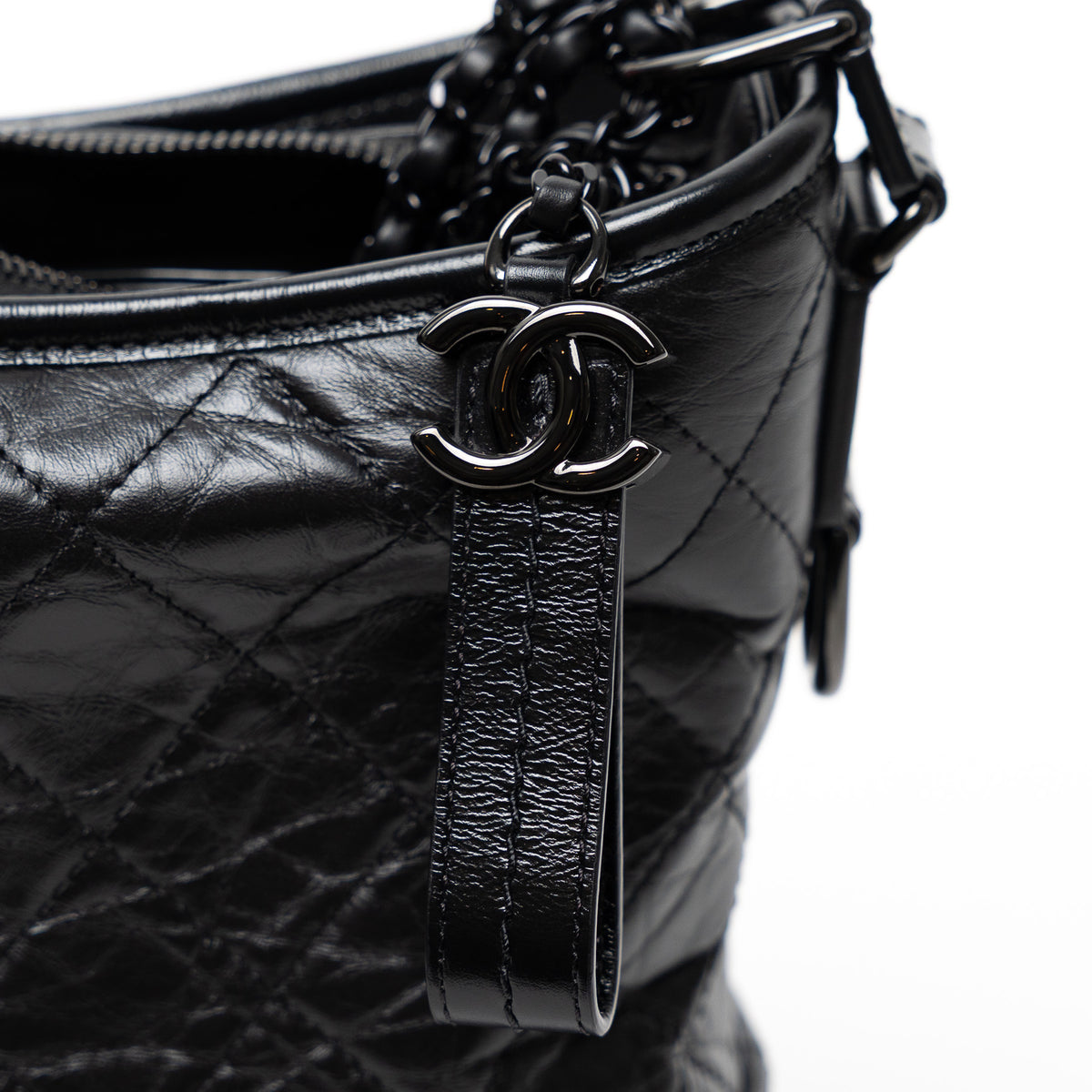 Pre-Loved Chanel™ Black Aged Calfskin Leather Medium Gabrielle Shoulder Bag with Black Hardware